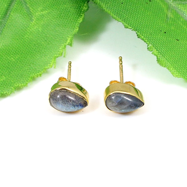 Labradorite Earrings Stud- 2 Micron Gold Plated-925 Sterling Silver Earrings-Flashy Labradorite-Mini Stud Earrings-Pear Shaped Stud Earrings