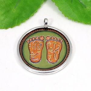 925 Sterling Silver Handmade, Hand-Painted Miniature Tantra Painting Pendant Charm, Indian Jewelry, Lakshmi Foot Print&#39;s, Charan Paduka