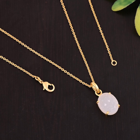 White Druzy Necklace: Sterling Silver Oval Pendant, Dainty Crystal