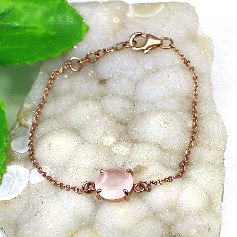 Rose Gold Plated Bracelet 925 Silver Rose Quartz Chain Bracelet Silver Wrist Bracelet For Girls Silver Adjustable Bracelet For Women
