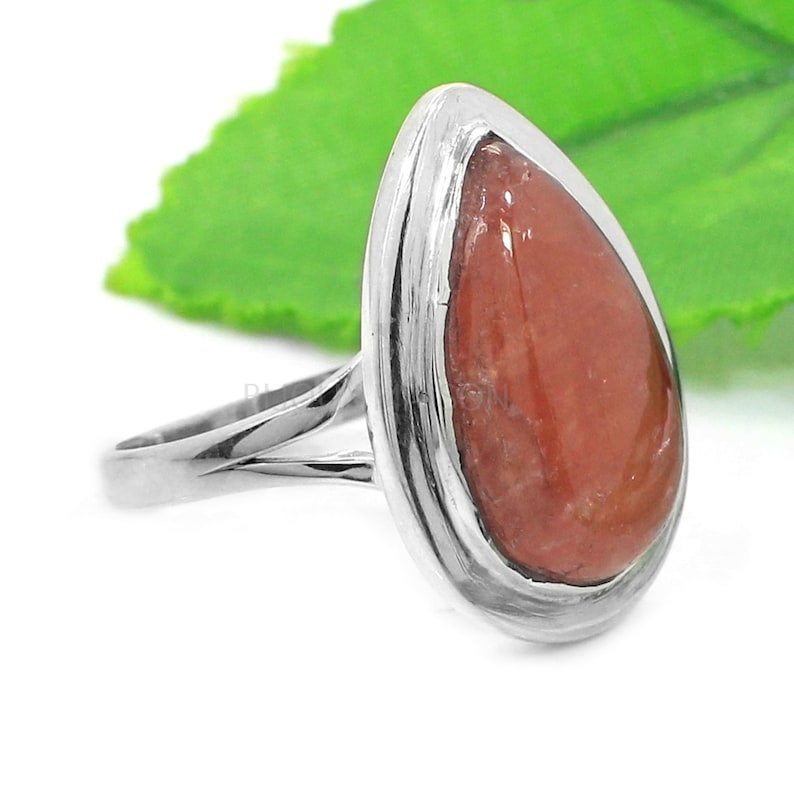 Gemstone Ring Silver Rhodochrosite Ring Jewelry Silver Gemstone Teardrop Solitaire Ring Split Band Ring Sterling Silver Ring for Women