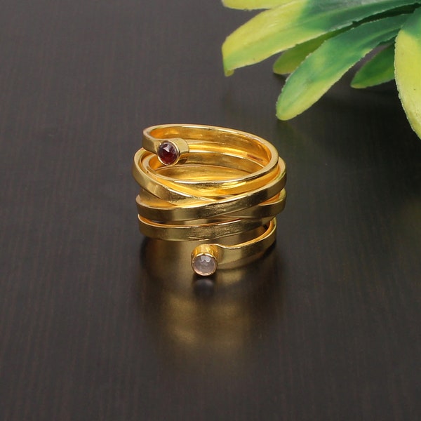 Mehrschichtiger Statement-Ring, Ringe aus 925er Sterlingsilber, vergoldet, handgefertigter Schmuck, runde Form, Granat- und Rosenquarz-Edelsteinring