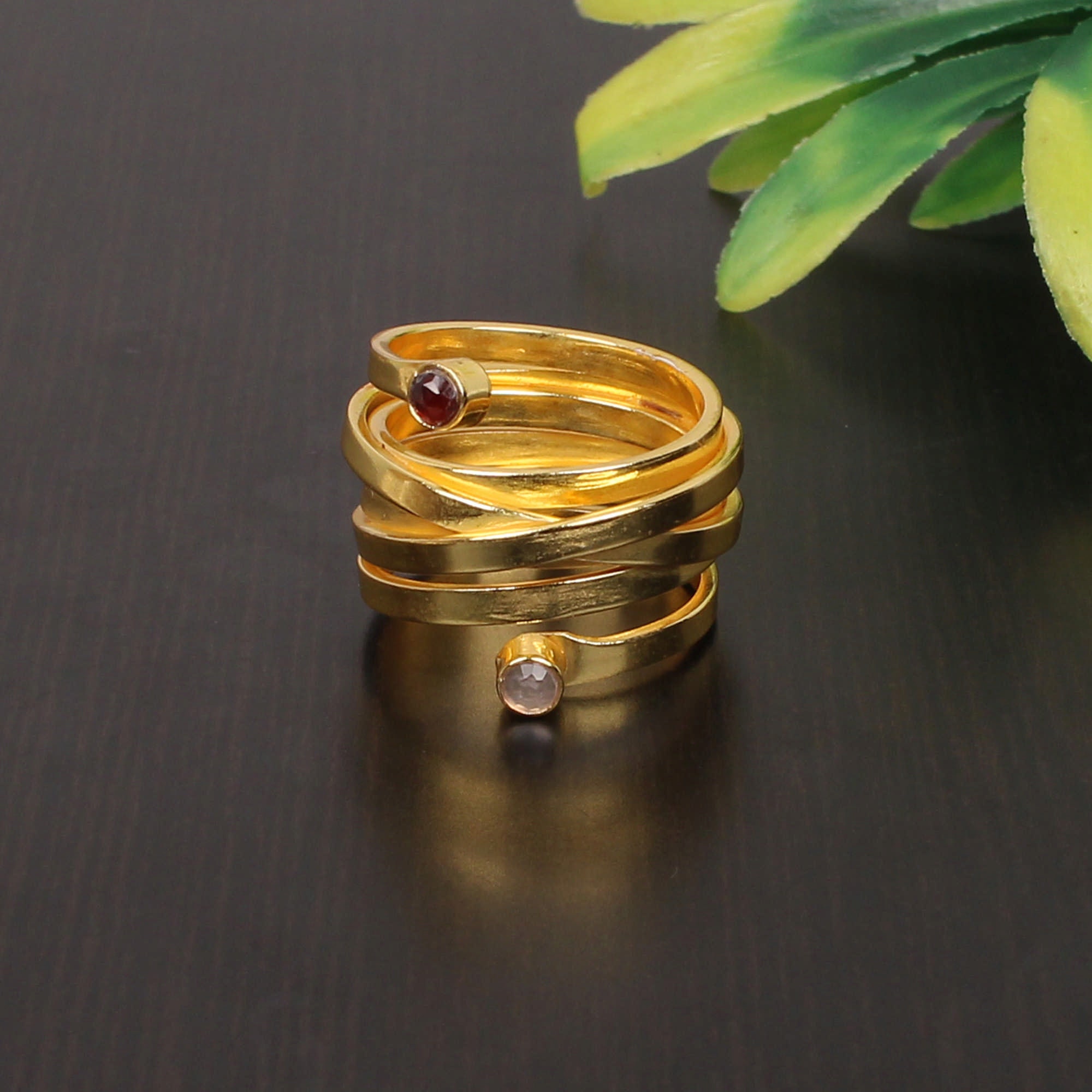 Multi Layer Statement Ring, 925 Sterling Silver Rings, Gold Plated, Handmade Jewelry, Round Shape, Garnet & Rose Quartz Gemstone Ringthumbnail