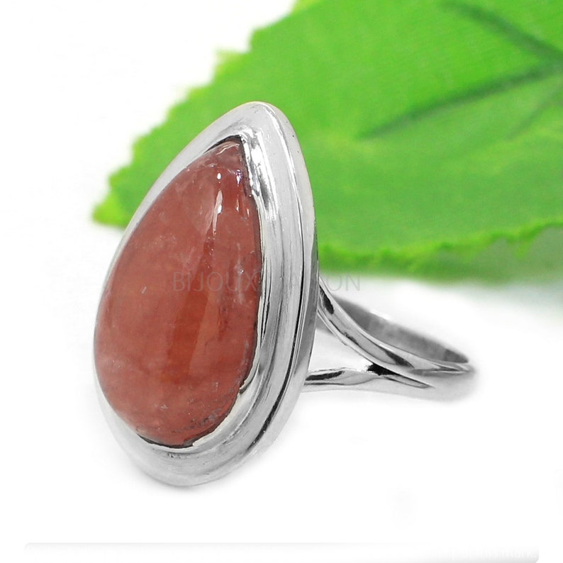 Gemstone Ring Silver Rhodochrosite Ring Jewelry Silver Gemstone Teardrop Solitaire Ring Split Band Ring Sterling Silver Ring for Women