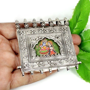 Hand Painted Radha Krishna Pendant: 925 Sterling Silver Temple Jewelry