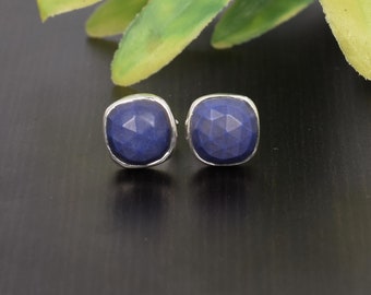 Handmade Lapis Lazuli Stud Earrings, Sterling Silver Studs, Minimalist Blue Gemstone Jewelry, Gift for Her