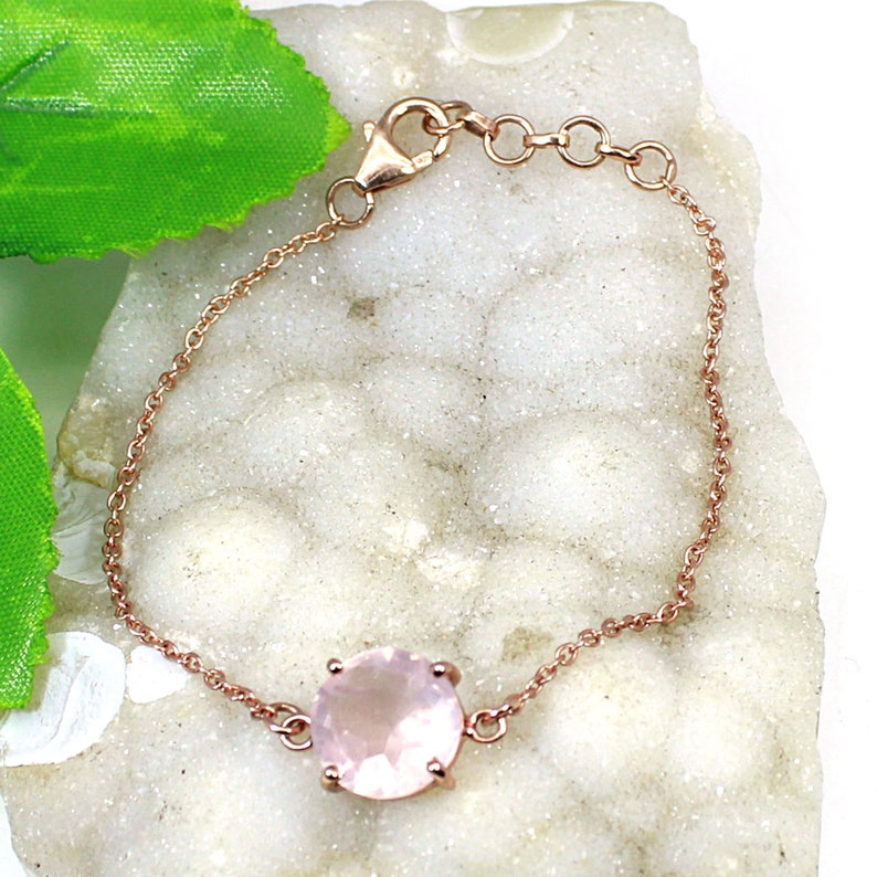 Rose Gold Plated Bracelet 925 Silver Rose Quartz Chain Bracelet Silver Wrist Bracelet For Girls Silver Adjustable Bracelet For Women