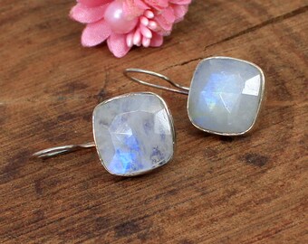 Sterling Silver Rainbow Moonstone Dangle Earrings: Handmade Gemstone Jewelry