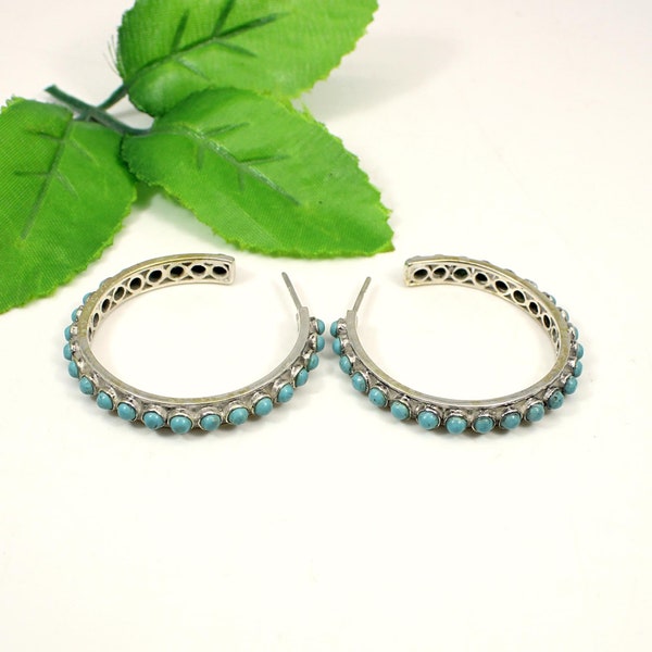 Turquoise Eternity Hoops Earrings, Turquoise Jewelry, Wedding Blue Hoops, Studs Hoops for Women, Gemstone Hoops