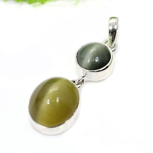 Handmade Sterling Silver Cat&#39;s Eye Pendant: Bezel Boho Jewelry