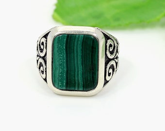 Oxidized Sterling Silver Malachite Mens Ring, Handmade Statement Ring