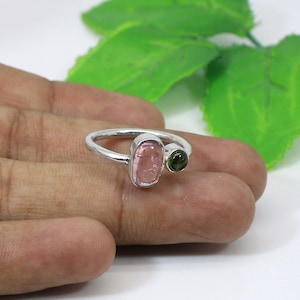 Natural Pink Tourmaline With Green Tourmaline 925 Sterling Silver Adjustable Ring For Women