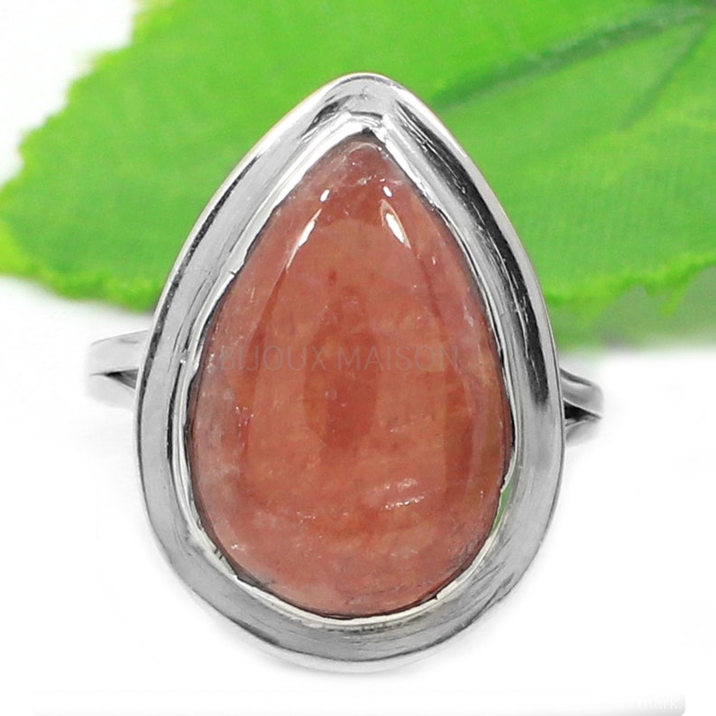Gemstone Ring Silver Rhodochrosite Ring Jewelry Silver Gemstone Teardrop Solitaire Ring Split Band Ring Sterling Silver Ring for Women