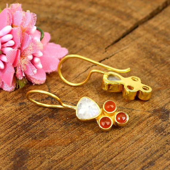 Pink Tourmaline and Rainbow Moonstone Threader Earrings Sterling Silver Pink Tourmaline and Rainbow Moonstone Threader Earrings Sterling Silver
