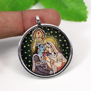 Hand Painted Radha Krishna Pendant: 925 Sterling Silver Rajasthani Ethnic Indian God