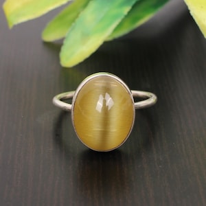Natürlicher gelber Chrysoberyll-Katzenaugenring, 925 Sterlingsilber, gelbes Katzenaugenring, Vintage-Ring, Weihnachtsgeschenk für sie, Boho-Ring