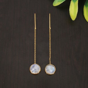 Moonstone Gemstone Earrings, Long Thread Earrings, Blue Flashy Moonstone Jewelry, Statement Earrings, Gold Plated, Sterling Silver Earrings