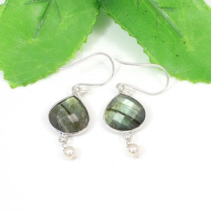 Labradorite Earrings Silver-Pearl Jewelry-925 Sterling Silver Jewelry-Lightweight Earrings-Handmade Gemstone Earrings-Dangle Silver Earrings