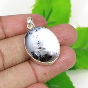Oval Dendritic Opal Pendant: Sterling Silver Necklace, Handmade Jewelry image 1