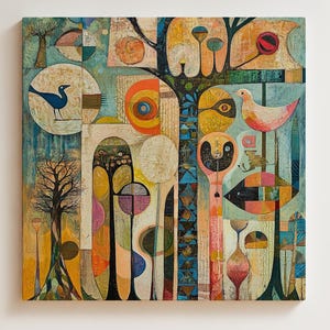 May include: Square canvas art with an abstract design in vibrant colours. The artwork depicts stylized trees, birds, and geometric shapes in blue, orange, yellow, and green. The piece is mounted on a white wall.
