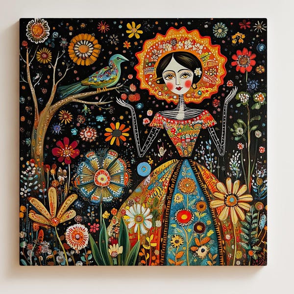 Botanical Folk Art Print - Whimsical Girl Wall Art | Colorful Floral Portrait Print | Boho Botanical Illustration | Storybook Style Decor