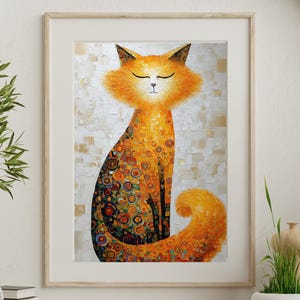 Impressão artística de gato excêntrica, pintura de gato laranja e dourado, decoração de animais de arte popular, presente boho para amantes de gatos, retrato de animal de estimação texturizado