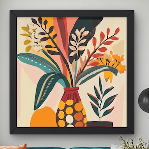 May include: A framed abstract painting of a vase with colorful flowers and leaves. The vase is red and white with polka dots and the flowers are yellow, orange, red, and green. The painting is hanging on a wall above a teal blue sofa with orange and yellow throw pillows.