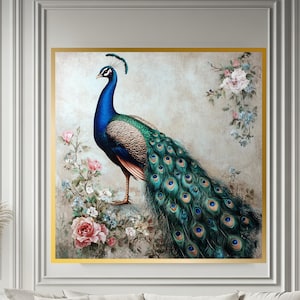 Elegant Peacock Wall Canvas, Vintage Floral Bird Print | Botanical Peacock Artwork | Living Room, Bedroom, Office Decor | Nature Wall Art