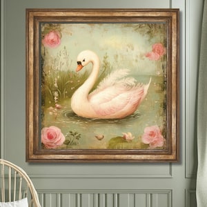 Adorable White Duck Wall Art Print – Floral Watercolor Nursery Decor, Farm Animal Art for Baby Girl’s Room, Country Cottagecore Home Decor