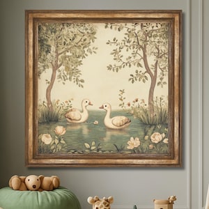 Adorable White Duck Wall Art Print – Floral Watercolor Nursery Decor, Farm Animal Art for Baby Girl’s Room, Country Cottagecore Home Decor