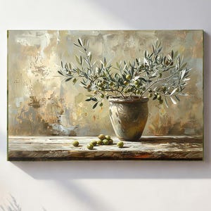 Mediterranean Olive Branch Wall Art | Neutral Still Life Painting | Rustic Tuscan Kitchen Decor | Olive Tree Botanical Canvas or Fine Art