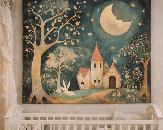 Märchenbuch Ästhetisches Wunderliches Schloss Druck: Verzauberte Wald Mondnacht Szene, Folk Surrealismus | Kinderzimmer Dekor