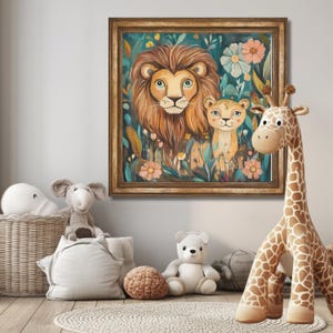 Whimsical Lion Wall Art Print – Boho Safari Nursery Decor, Jungle Animal Artwork for Kids’ Room, Colorful Nature-Inspired Illustration