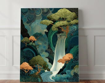 Japanischer Wasserfall Kunstdruck - Hokusai inspirierte stilisierte Landschaftswandkunst