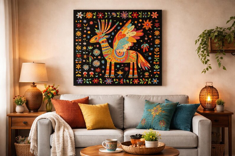 Mexican Folk Art Wall Art | Colorful Boho Botanical & Bird Painting ...