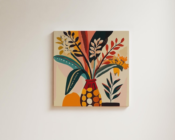 MCM Wall Art Mid Century Modern Floral Print, Polka Dot Vase, Warm Earth Tones (Canvas or Poster, Vintage Inspired)