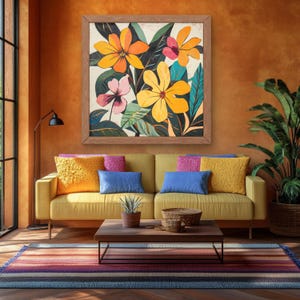 Arte mural floral moderno de mediados de siglo: botánica tropical, flores vibrantes y coloridas, decoración retro bohemia inspirada en la naturaleza.