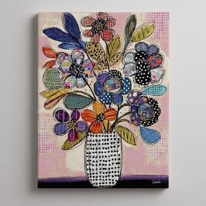 Whimsical Patchwork Floral Art Print, Modern Botanical Vase Decor, Colorful Nursery Wall Art