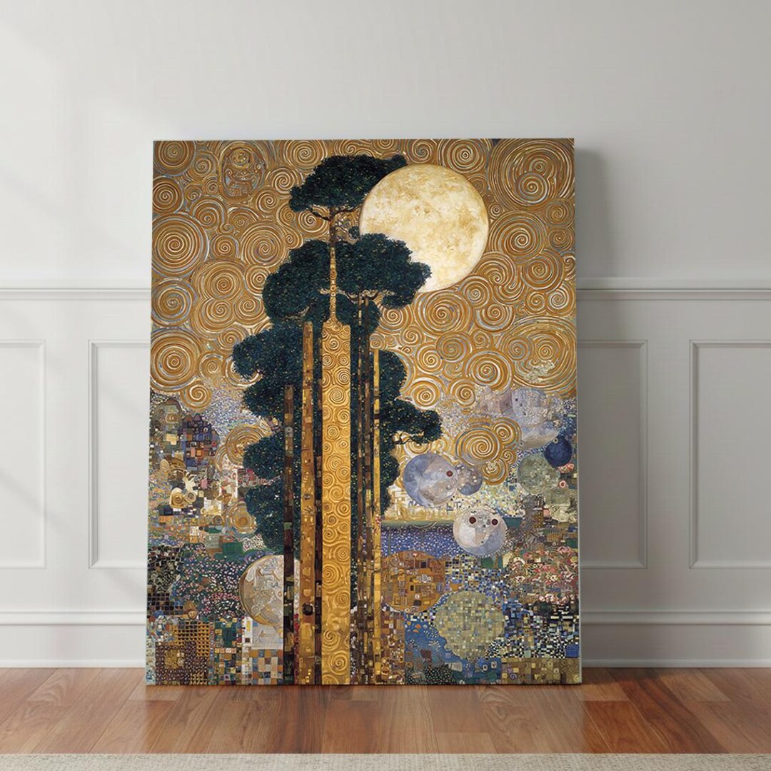Klimt Inspired Tree of Life Wall Art | Gold Moon Landscape Canvas Print ...