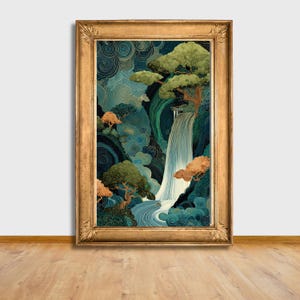 Japanese Waterfall Art Print Hokusai Ukiyo-e Poster Blue Green Home Decor Japanese Wall Art