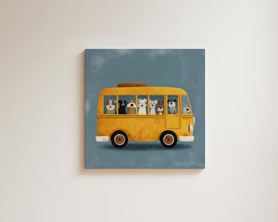 Storybook Art Kids Nursery Print - Colorful Dogs on Yellow School Bus - Watercolor Illustration, Childs Room Decor, Gift for Baby Shower