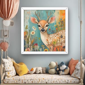 Whimsical Nursery Print,  Wall Art, , Boho Nursery Decor, Floral Deer Painting,  Poster, Multi-color Safari Art, Kids Room Decor