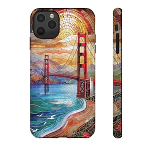 Glasmalerei-Look-Telefon-Hülle, Golden Gate Bridge in San Francisco, Sonnenuntergang-Szene, robuste Schutzhülle, einzigartiges Geschenk, Zubehör für Reiseliebhaber