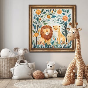 Whimsical Lion Wall Art Print – Boho Safari Nursery Decor, Jungle Animal Artwork for Kids’ Room, Colorful Nature-Inspired Illustration