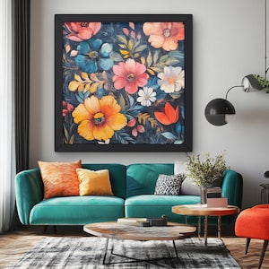 Impresión artística floral oscura y vibrante, decoración de pared botánica, pintura floral con un toque melancólico, arte para sala de estar con colores intensos, pieza decorativa grande para el hogar.