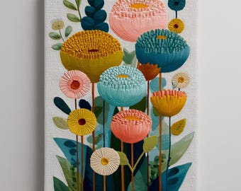 Strukturierte florale Wandkunst, Mid-Century Botanische Malerei, Pastell Garten-Dekor, Impasto-Druck