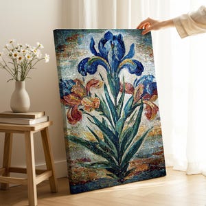 Blue Iris Mosaic Wall Art, Floral Tile Inspired Artwork, Botanical Wall Decor, Mediterranean Style Art, Vintage Garden Wall Art