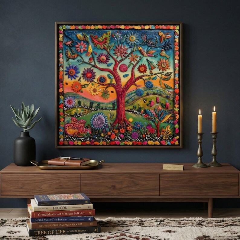 Mexican Folk Art Wall Art | Colorful Boho Botanical & Bird Painting ...