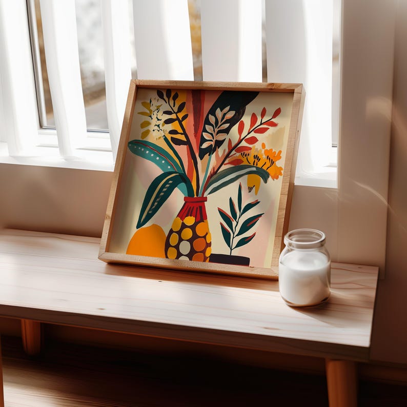 Mid Century Modern Blumendruck, Blumenvase, Polka Dot Vase, Warme Erdtöne (Leinwand oder Poster) Bild 8