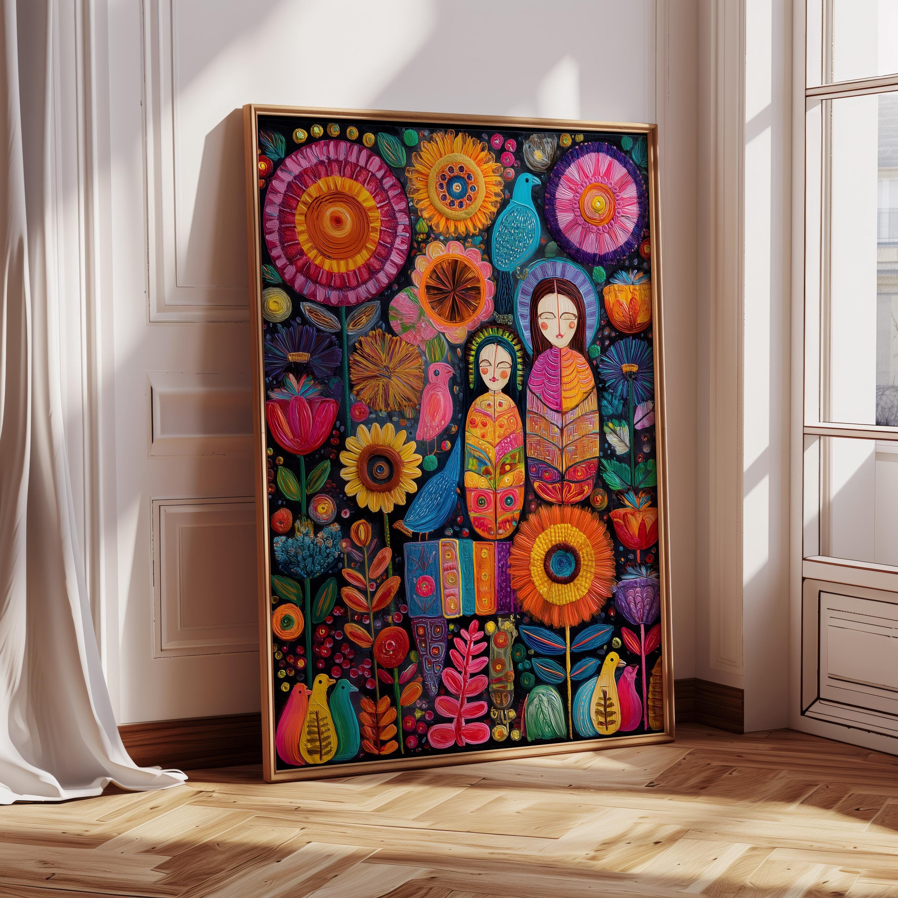 Colorful Folk Art Tree Wall Art Print | Whimsical Floral Animal ...
